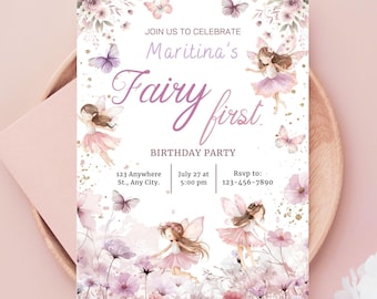 Fairy First Birthday Invitation: Enchanted Garden Theme (Editable Canva Template, 5x7 Digital Download)