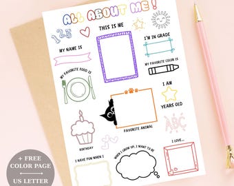All About Me Worksheet Printable – & FREE Kids Coloring Page Activity (Instant Download)