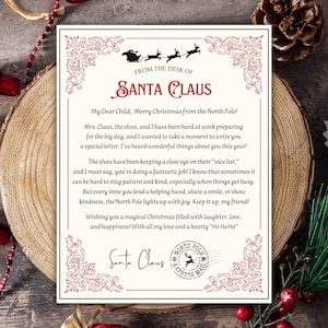 May include: A Christmas-themed letter from Santa Claus, featuring ornate red borders and text. The letter includes a message of encouragement and holiday wishes, with a North Pole Express Mail stamp.