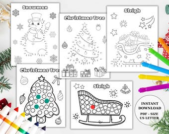 Christmas Dot Marker Pages - Connect the Dots Coloring -10 x Toddler Fine Motor Montessori Activity - Dot Sticker-Preschool Holiday Painting
