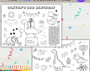 Gepersonaliseerd activiteitenblad dinosaurusverjaardag: bewerkbare kleurpagina (bewerkbare canvassjabloon, digitale download)