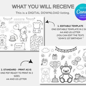 Op de afbeelding: Zwart-wit digitale download met een verjaardagsthema. Bevat bewerkbare sjablonen en printklare PDF's. Het ontwerp bevat een teddybeer, taart, ballonnen en de tekst "JOHN'S 1ST BIRTHDAY".