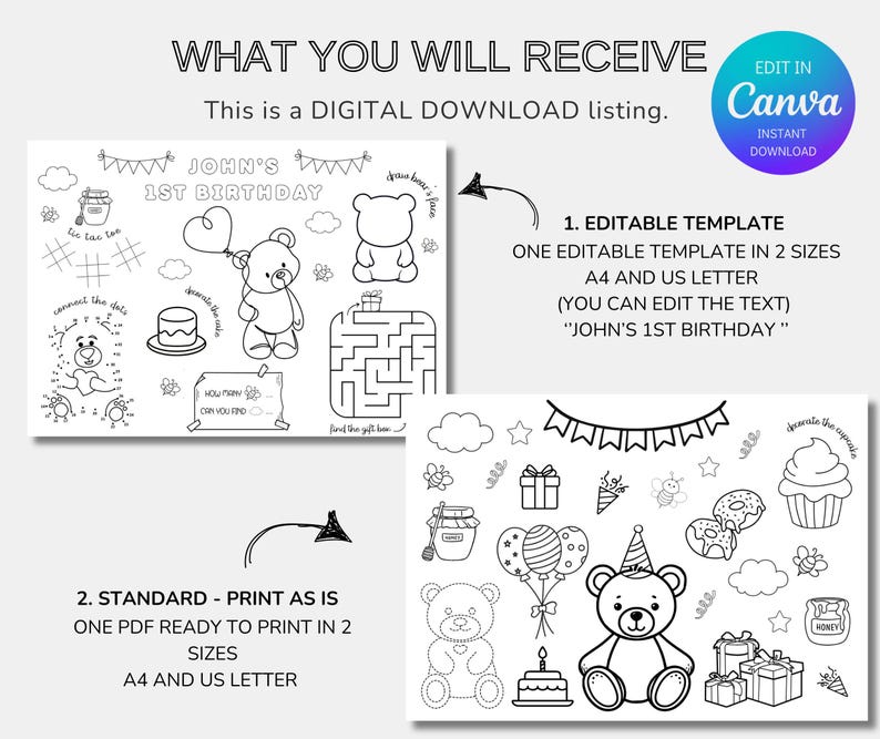 Op de afbeelding: Zwart-wit digitale download met een verjaardagsthema. Bevat bewerkbare sjablonen en printklare PDF's. Het ontwerp bevat een teddybeer, taart, ballonnen en de tekst "JOHN'S 1ST BIRTHDAY".