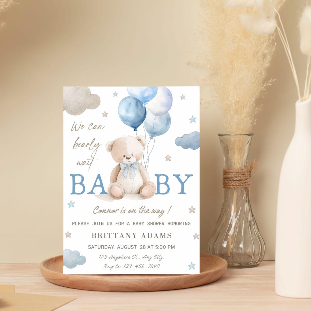 We Can Bearly Wait Teddy Bear Baby Shower Invitation - Blue Boy Boho ...