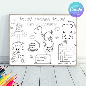 Op de afbeelding: Een zwart-wit printbaar activiteitenblad voor een eerste verjaardag. Het blad bevat een doolhof, verbind de stippen, boter-kaas-en-eieren en andere activiteiten. Tekst bevat "JOHN'S 1ST BIRTHDAY" en "EDIT IN CANVA".