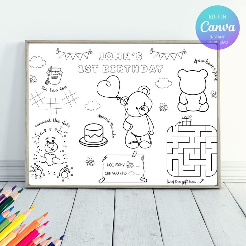 Op de afbeelding: Een zwart-wit printbaar activiteitenblad voor een eerste verjaardag. Het blad bevat een doolhof, verbind de stippen, boter-kaas-en-eieren en andere activiteiten. Tekst bevat "JOHN'S 1ST BIRTHDAY" en "EDIT IN CANVA".