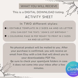 Op de afbeelding: Digitaal download activiteitensheet met tekst: "WHAT YOU WILL RECIEVE", "ACTIVITY SHEET" en "EDIT IN CANVA". Bevat een bewerkbare sjabloon en een kleurplaat, beide in A4- en US Letter-formaten. De aanbieding is een digitale download.