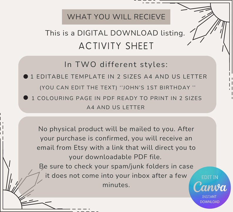 Op de afbeelding: Digitaal download activiteitensheet met tekst: "WHAT YOU WILL RECIEVE", "ACTIVITY SHEET" en "EDIT IN CANVA". Bevat een bewerkbare sjabloon en een kleurplaat, beide in A4- en US Letter-formaten. De aanbieding is een digitale download.