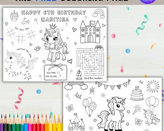 Activiteitenblad verjaardagsfeestje eenhoorn: regenboog kleurplaten (bewerkbare canvassjabloon, digitale download)
