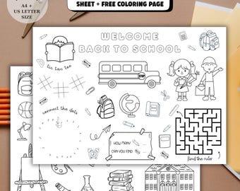 Bewerkbare placemat voor terug-naar-schoolactiviteiten en gratis printbare kleurplaat (digitale download)