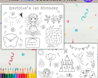 Bewerkbare placemat fee 1e verjaardag: gepersonaliseerde kleurpagina (bewerkbare canva-sjabloon, digitale download)