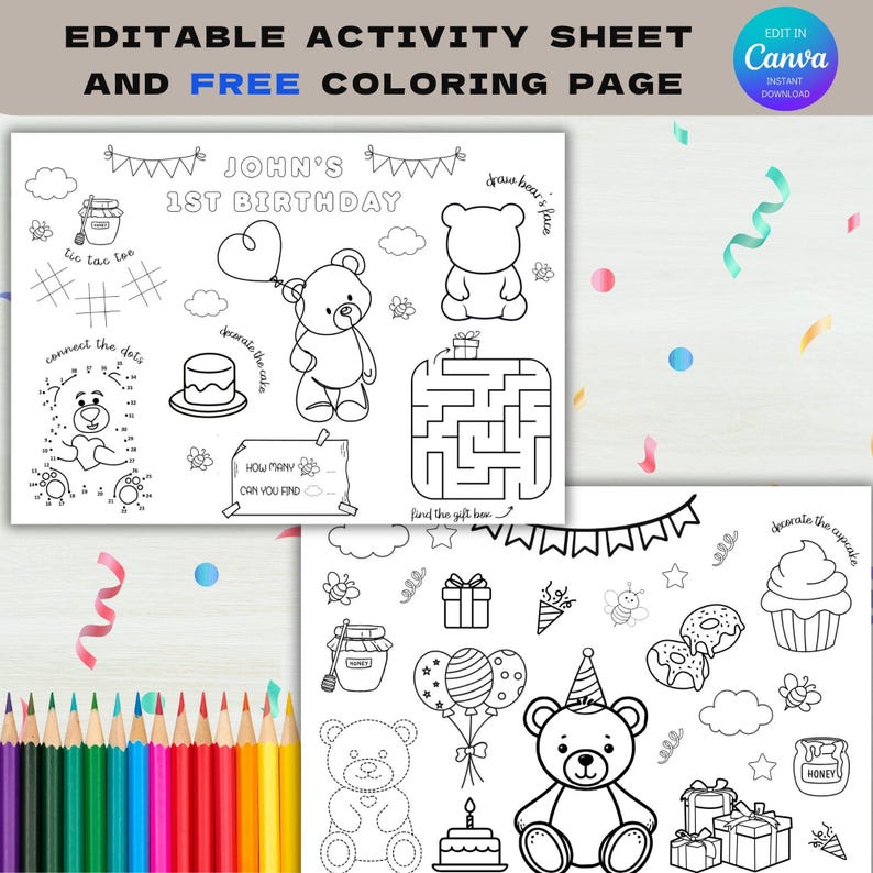 Celebrate your little one’s special day with our Editable Teddy Bear Theme Birthday Activity Sheet, designed to bring fun and creativity to any Teddy Bear-inspired party. This editable, printable set stands out as a unique party favor or coloring mat that kids will love, combining interactive play with personalized touches.

Each sheet is available in 2 sizes A4 and US Letter  and features carefully crafted Teddy Bear illustrations that are easy for children to color.