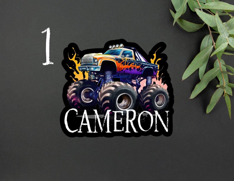 Personalized Monster Truck Kids Name Sticker Monster Truck Party Name Sticker Boy Party Monster Truck Name Sticker 1