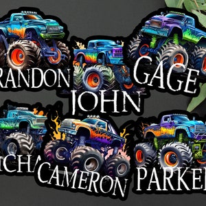 Personalized Monster Truck Kids Name Sticker Monster Truck Party Name Sticker Boy Party Monster Truck Name Sticker image 1