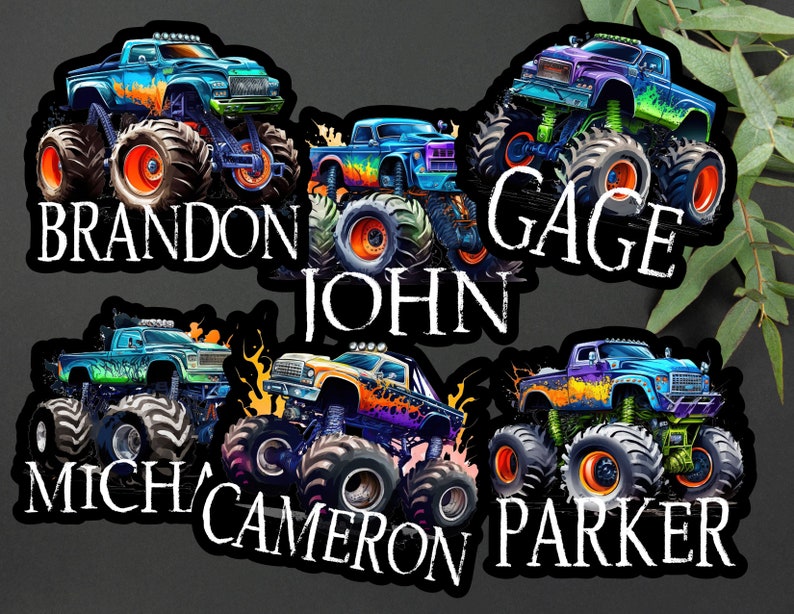 Personalized Monster Truck Kids Name Sticker Monster Truck Party Name Sticker Boy Party Monster Truck Name Sticker image 1