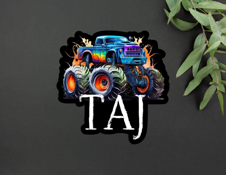 Personalized Monster Truck Kids Name Sticker Monster Truck Party Name Sticker Boy Party Monster Truck Name Sticker image 8