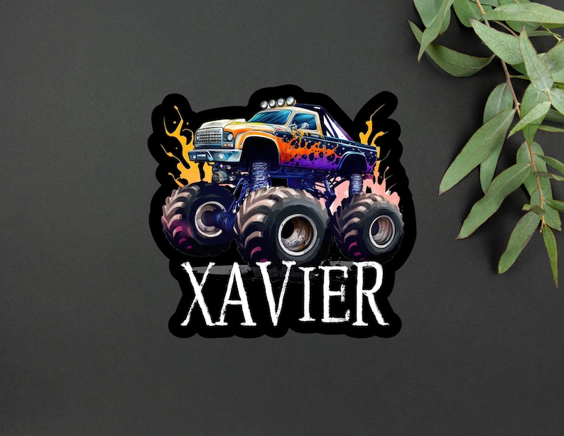 Personalized Monster Truck Kids Name Sticker Monster Truck Party Name Sticker Boy Party Monster Truck Name Sticker image 9