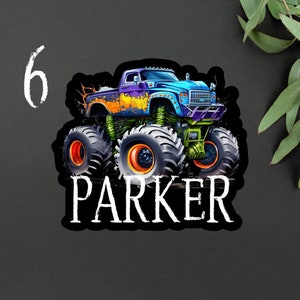 Personalized Monster Truck Kids Name Sticker Monster Truck Party Name Sticker Boy Party Monster Truck Name Sticker 6