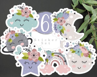 Cute Floral Moon Stars Planet Sticker Set | Cute Star and Moon Stickers | Cute Star and Moon Laptop Stickers | Moon and Stars Gift Stickers