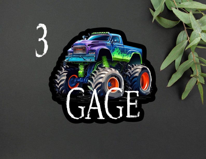 Personalized Monster Truck Kids Name Sticker Monster Truck Party Name Sticker Boy Party Monster Truck Name Sticker 3