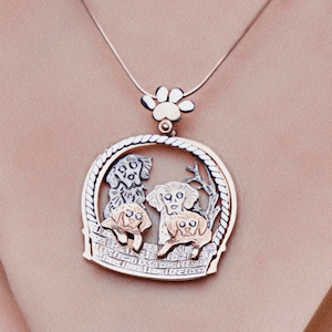 Silberne Hundehalskette - süßer Hundeanhänger, Welpe im Korb, Hundepfote Halskette, Geschenke für Hundeliebhaber