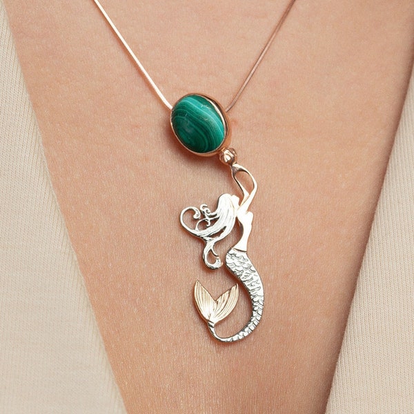 Collier sirène, argent sterling, pierre précieuse malachite, pendentif sirène design personnalisé en argent 925, sirène en or rose, collier animal marin