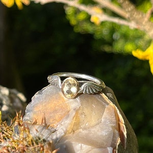 May include: A silver ring with a clear gemstone set in a delicate oval setting. The ring is resting on a piece of rock with moss growing around it.