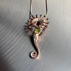 Seahorse Peridot Necklace - Genuine Healing Crystal, Eye Catching Silver Seahorse Pendant with Wooden Gift box, August Birthstone