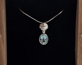 Aquamarine Pendant with Silver Sea Shell Charm - Ocean Theme Bridal Necklace