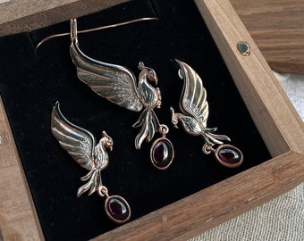 Phoenix Jewelry Set in Walnut Wooden Box - Handcrafted Silver Firebird Pendant and Earrings with Garnet Gemstone Gift for Wife, GF, Daughter