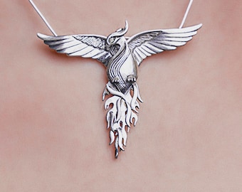 Silver Phoenix Neclace with Emerald Eyes, 925 Silver Firebird Pendant, Fantasy charm Custom Desing Gift for Her