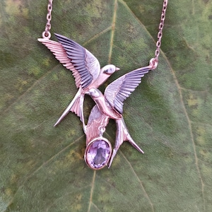 Unique Handmade Amethyst Swallow Necklace - Elegant Silver Designer Jewelry for Her