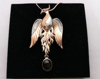 Handmade Phoenix Charm Gift for Her - Custom Design Firebird Pendant with Root Ruby Gem, Fantasy Animal Necklace for Women with Woodenbox