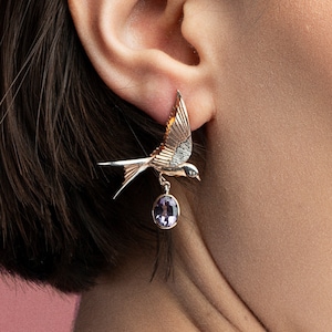 Handmade Bird Earring, Sterling Silver Ladies Earring, flapping wings, 925 Silver bird jewellery, Amethyst gemstone, Custom Animal earring