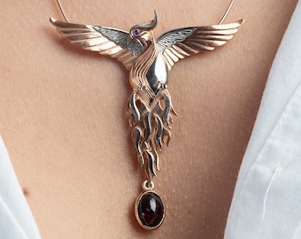 Silver Phoenix Necklace with Garnet Gemstone - Dual Use Flapping Wings, Unique Handcrafted Unique Pendant for Girl Friend