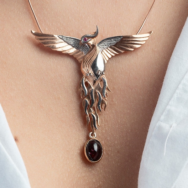Silver Phoenix Necklace with Garnet Gemstone - Dual Use Flapping Wings, Unique Handcrafted Unique Pendant for Mother Present