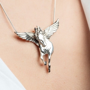 Handmade Pegasus Necklace - Sterling Silver Folding Wings Mythologic Winged Horse Pendant in Handcrafted Walnut Wooden Box
