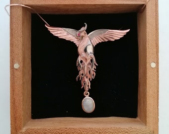 Handmade Silver Phoenix Necklace with Natural Moonstone, Designer Jewelry For Women, Unique Gift in Wooden Box