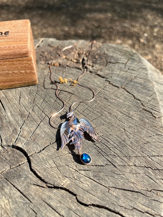 Phoenix Bird Pendant - Sterling Silver Phoenix Necklace Partially Rose Gold Colour Plated, Blue Abalone Gemstone, Ornament of Rebirth
