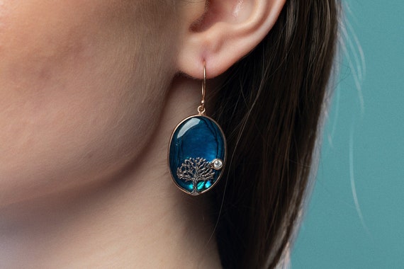 Blue Resin Sterling Silver Tree Dangle Earrings Blue Resin Sterling Silver Tree Dangle Earrings