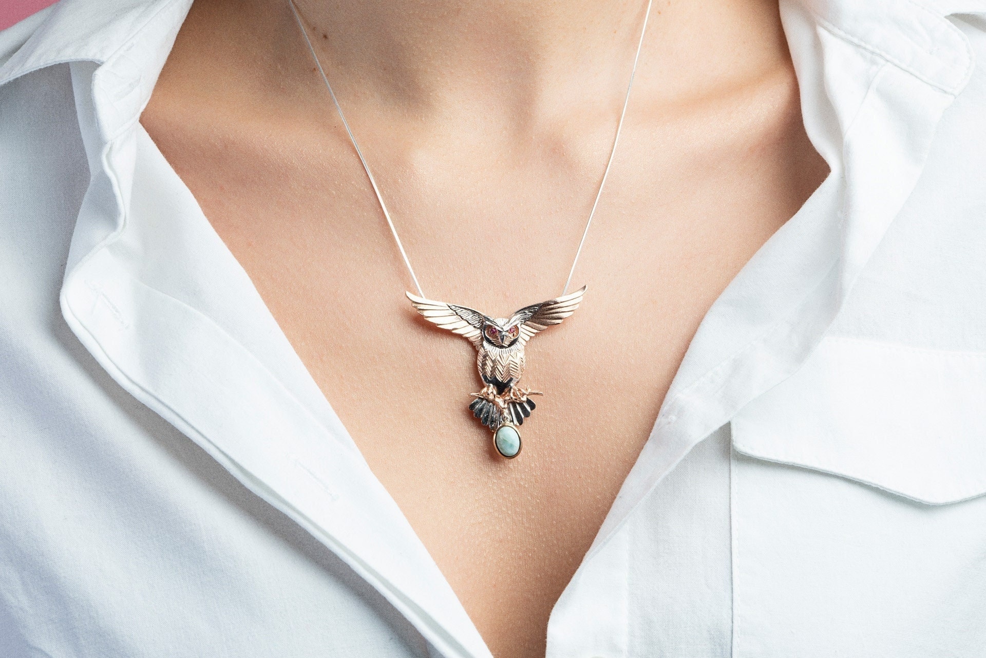 Owl Necklace with Larimar Stone,  Magical Silver Owl Pendant, Dual-Use moving wings, Elegant Animal 