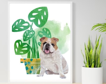 art prints download colorful.English bulldog in front of peace lily.unique gifts for english bulldog mom, monstera deliciosa lovers