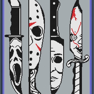May include: Four black and white knives with different horror movie character masks on the blades. The masks are of Ghostface, Jason Voorhees, Michael Myers, and Chucky.