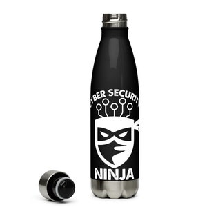 May include: A black stainless steel water bottle with a white graphic of a ninja wearing a mask and the text "Cyber Security Ninja".
