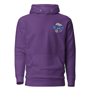 May include: Purple hoodie with a small embroidered design on the left chest. The design includes a cloud, a shield with a checkmark, a fingerprint, a lock, and a gear. The text "Cyber Security" is below the design.