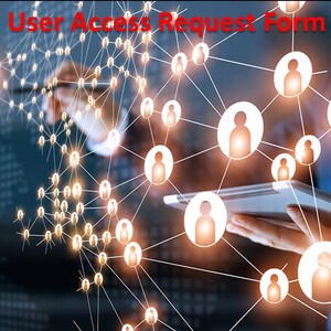 May include: A person's hand points to a network of interconnected circles, each containing a person icon, representing a user access request form. The background is a dark blue with a blurred image of a city skyline.