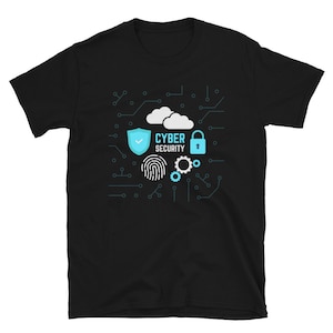 May include: Black t-shirt featuring a cyber security design. The design includes a shield, clouds, a padlock, a fingerprint, and gears, all in shades of blue and white. The words "CYBER SECURITY" are also displayed.