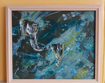 Dipinto astratto surrealista. Opera d'arte unica, espressionista, per interni. Turchese, colori tenui, modernismo, surrealismo.