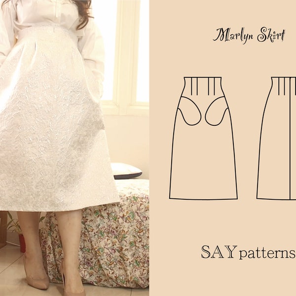 Easy Sewing Pattern - Elegant High Waist Midi Skirt With Pockets | & Youtube Tutorial | Marlyn PDF Digital Sewing Patterns | 6 Sizes XS-XXL