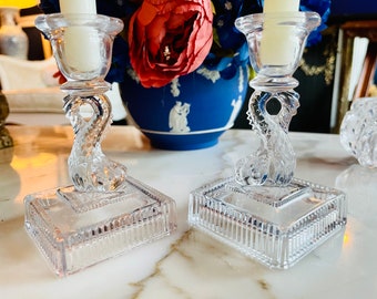 Vintage Pair 1930s Imperial Dolphin Glass Candle Holders